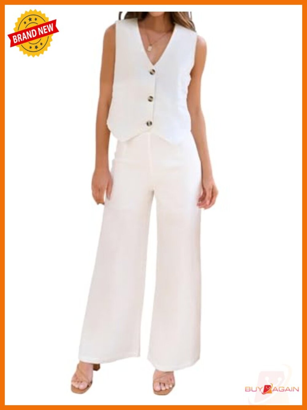 Cotton Blend 2 Piece Outfits Sleeveless Button Down V Neck Top Wide Leg Pants